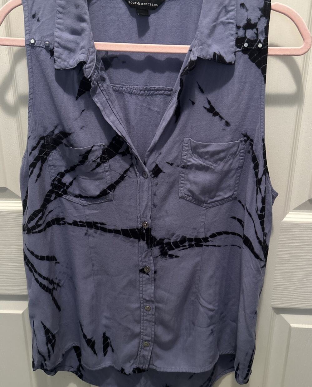 Rock & Republic Womens Button Up Shirt Size L Blue Tie Dye Sleeveless W Studs